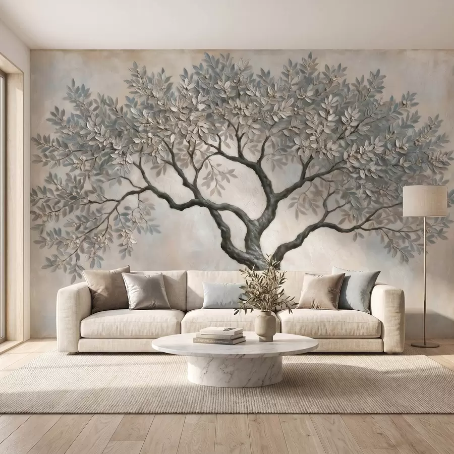 murales de pared Árbol pintado al óleo en tonos grises y beige naturales y tranquilos w09919