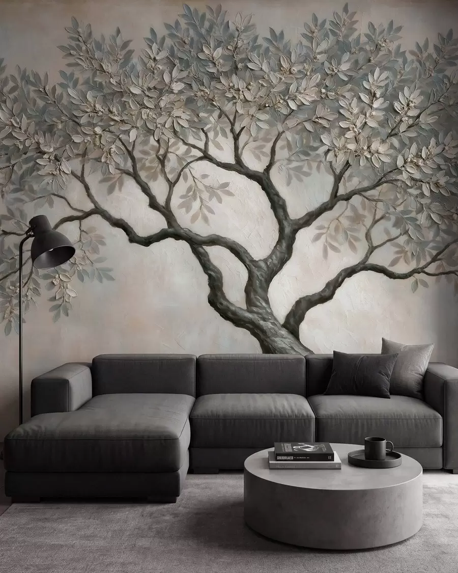murales de pared Árbol pintado al óleo en tonos grises y beige naturales y tranquilos w09919