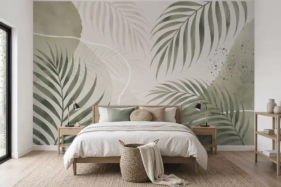 murales de pared Hojas estilizadas sobre un fondo suave y neutro w05728