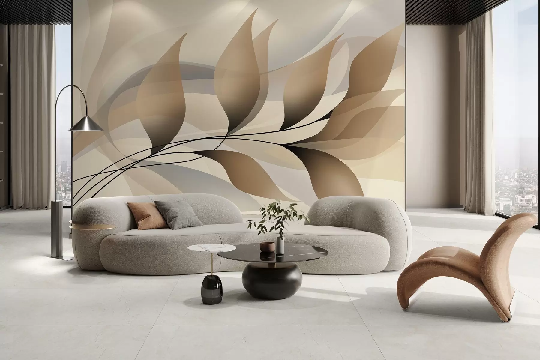 murales de pared una elegante rama con hojas de color beige w05660