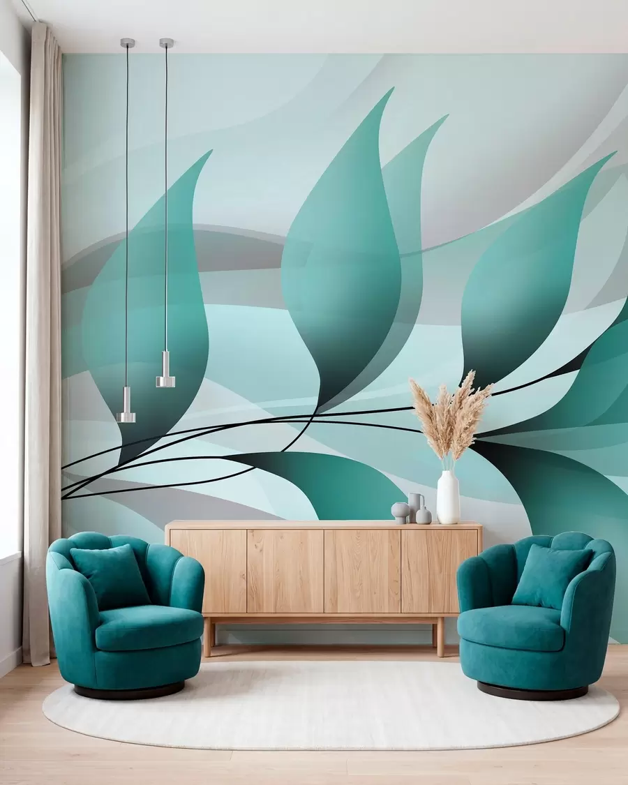 murales de pared una elegante rama con hojas de color turquesa w05660v1
