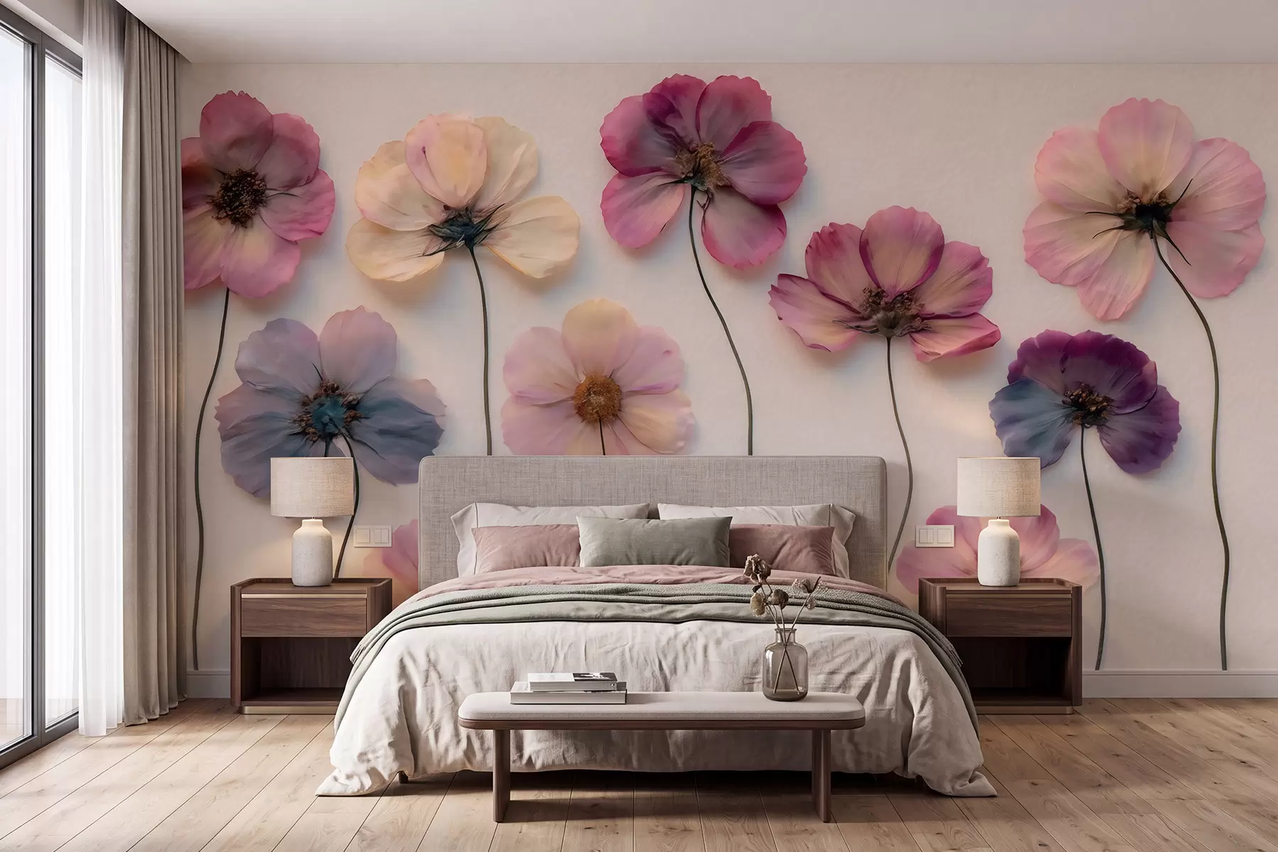 murales de pared Composición de herbario con efecto de flores prensadas y textura en 3D w09911