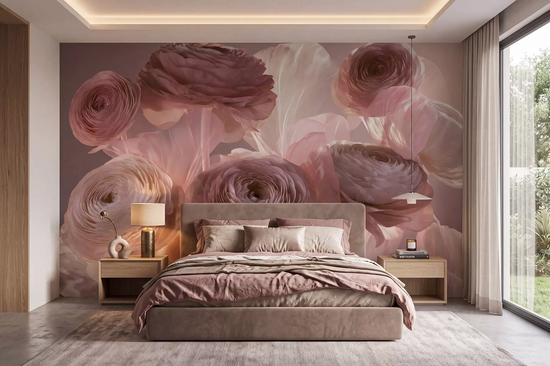 murales de pared Grandes flores de ranúnculo de estilo artístico en suaves tonos rosa y crema w09921
