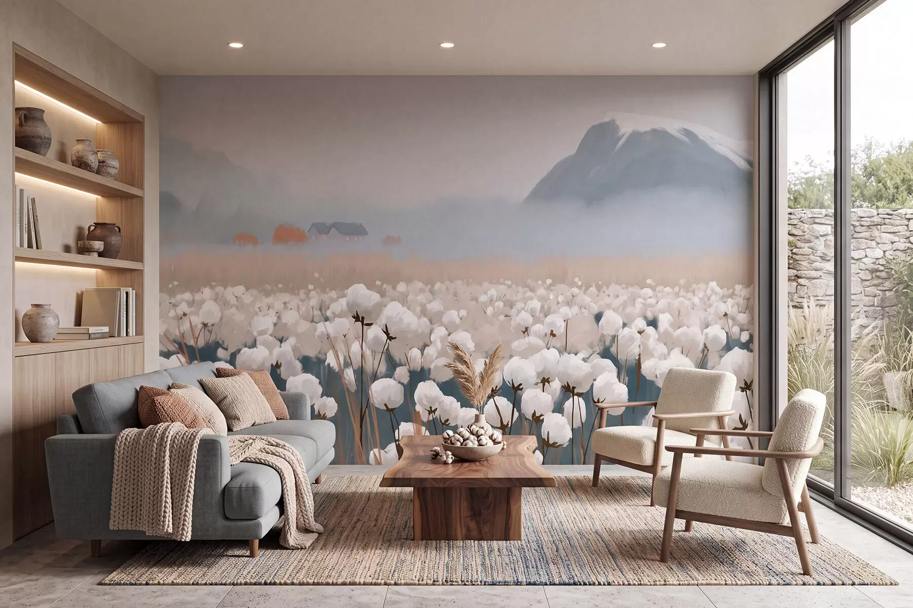 murales de pared Campo de algodón en un paisaje brumoso del norte, estilo pictórico w09934