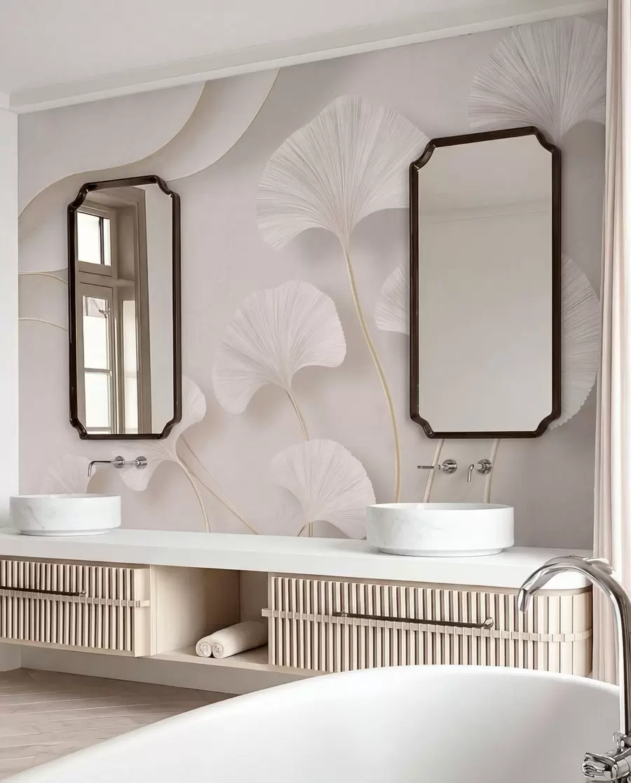 murales de pared Hojas de ginkgo de color claro sobre un fondo de mármol suave w05734v1