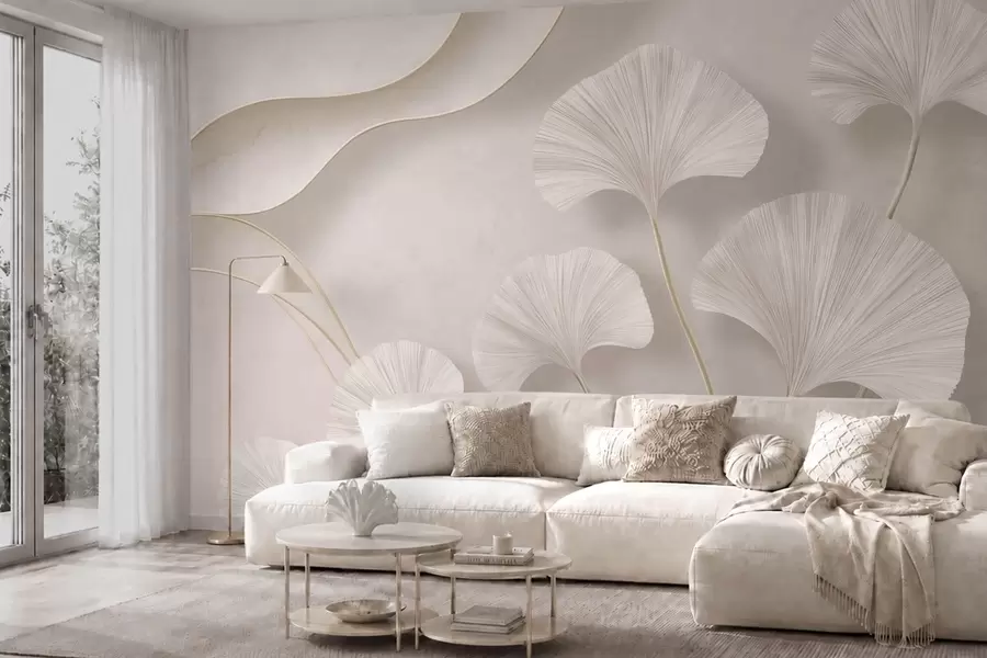 murales de pared Hojas de ginkgo de color claro sobre un fondo de mármol suave w05734v1