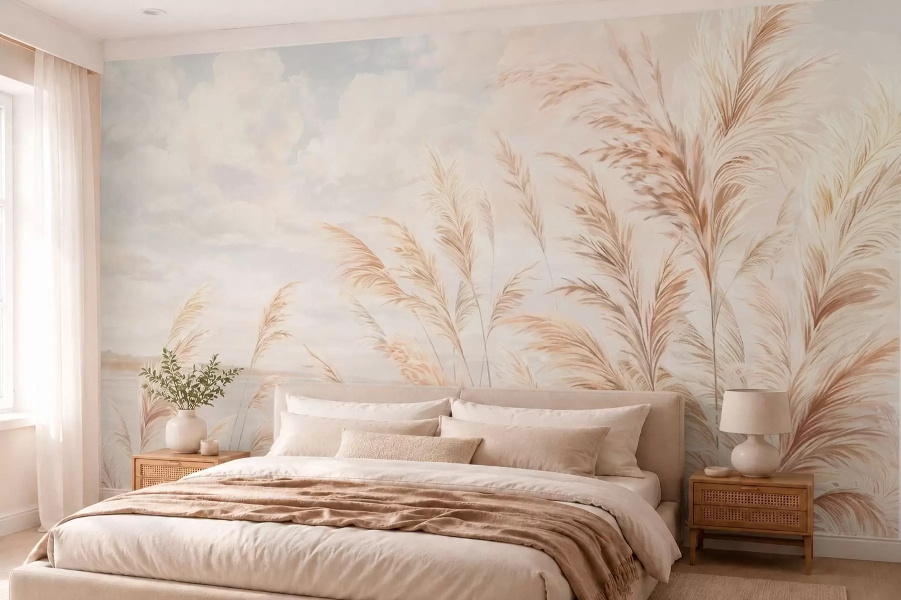 murales de pared Tallos suaves y altos de trigo y hierba bajo un cielo nublado w05735