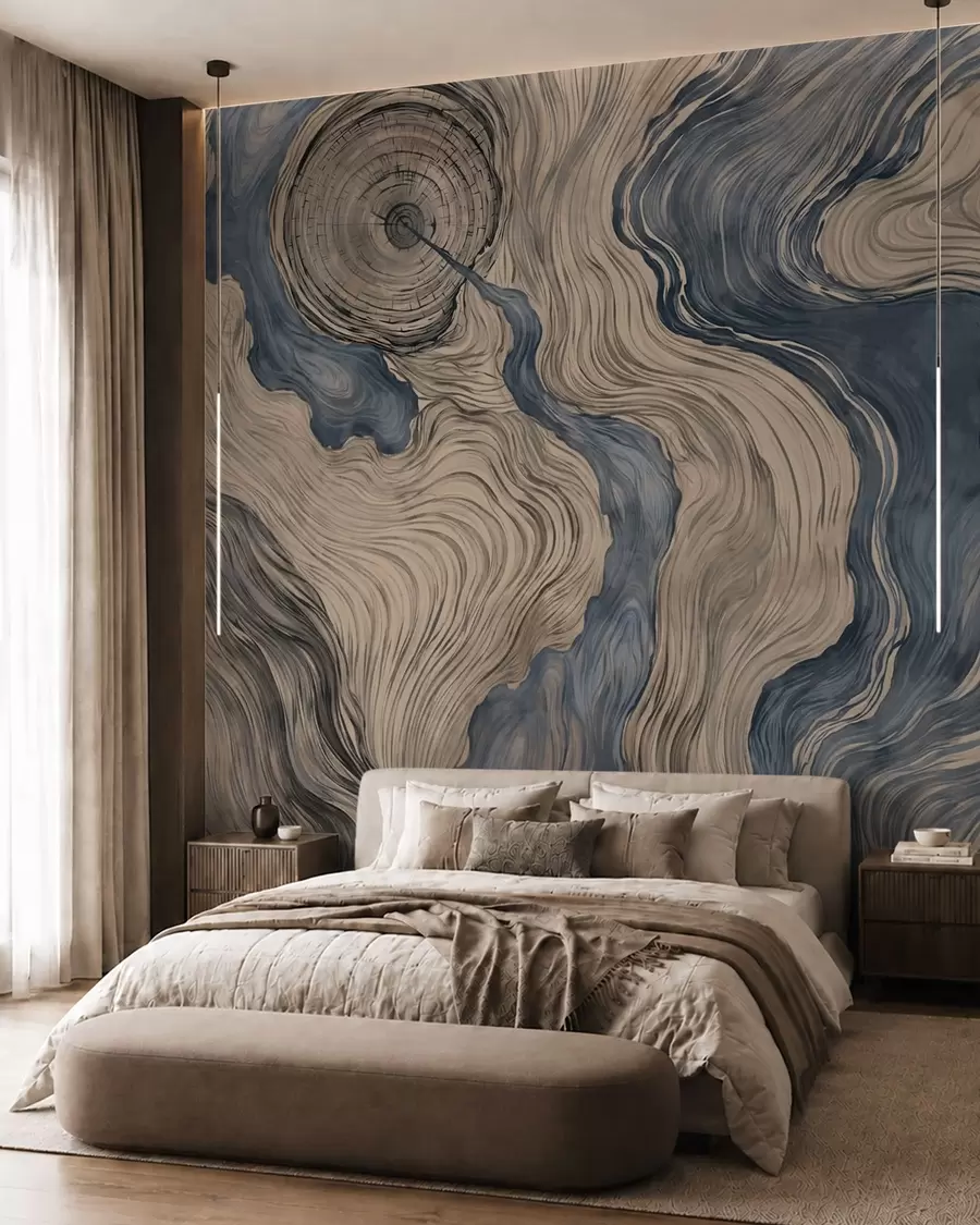 murales de pared Un estampado abstracto con un diseño lineal que imita la veta de la madera en tonos azules w05729v1