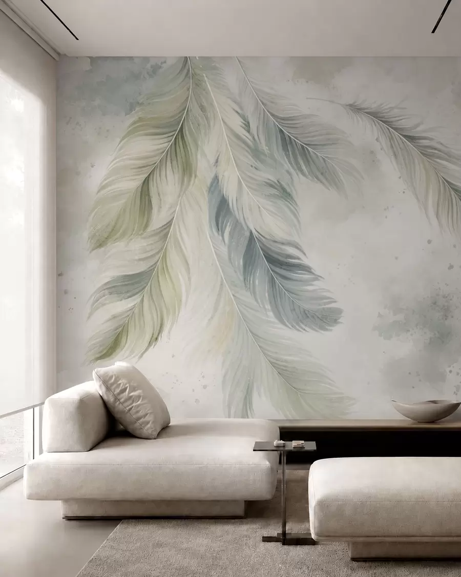 murales de pared Plumas de colores claros sobre un delicado fondo de acuarela w05737v2