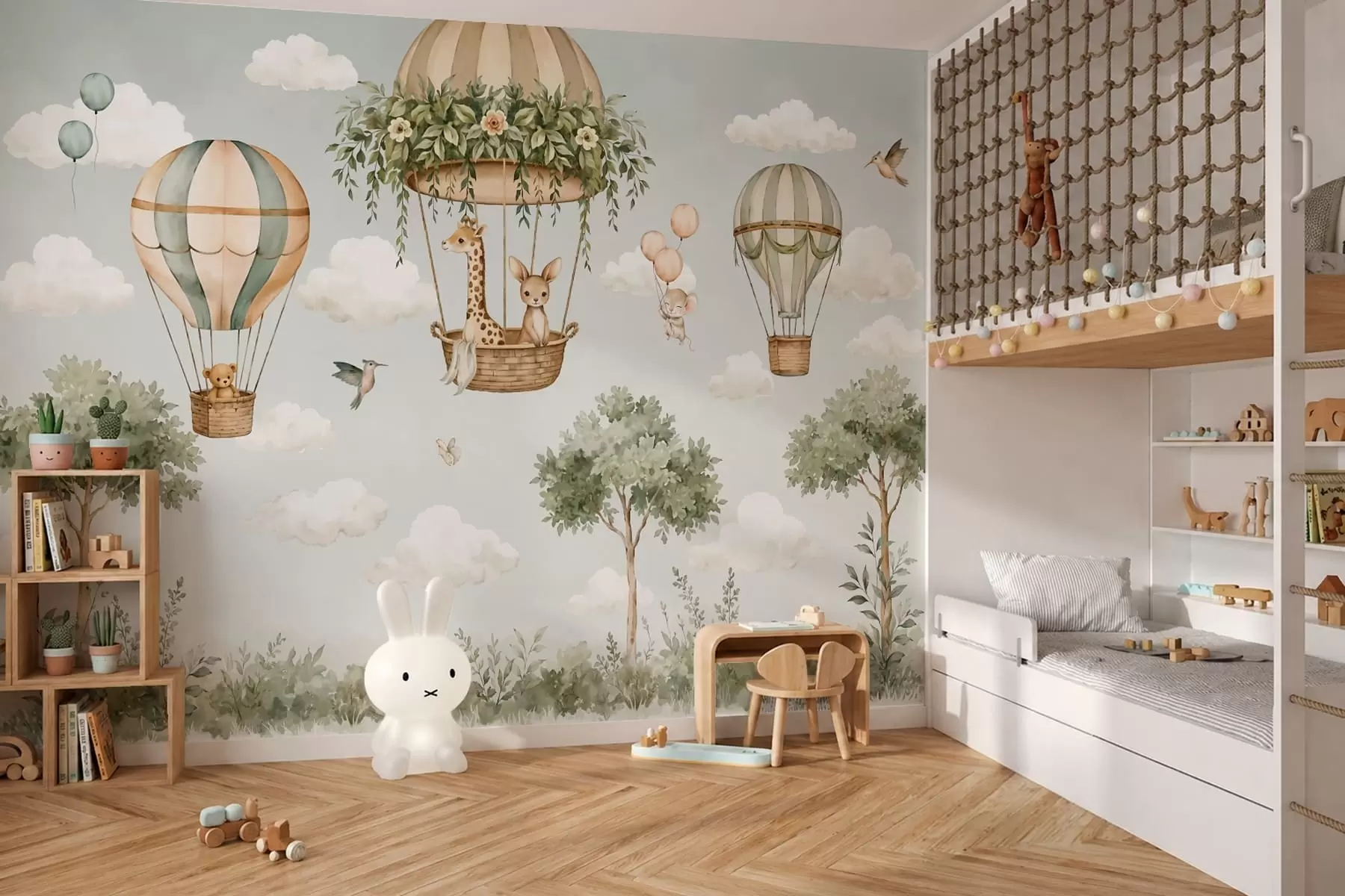 murales de pared Globos aerostáticos con una jirafa, un canguro, un oso y otros animales entre las nubes y los árboles w05738