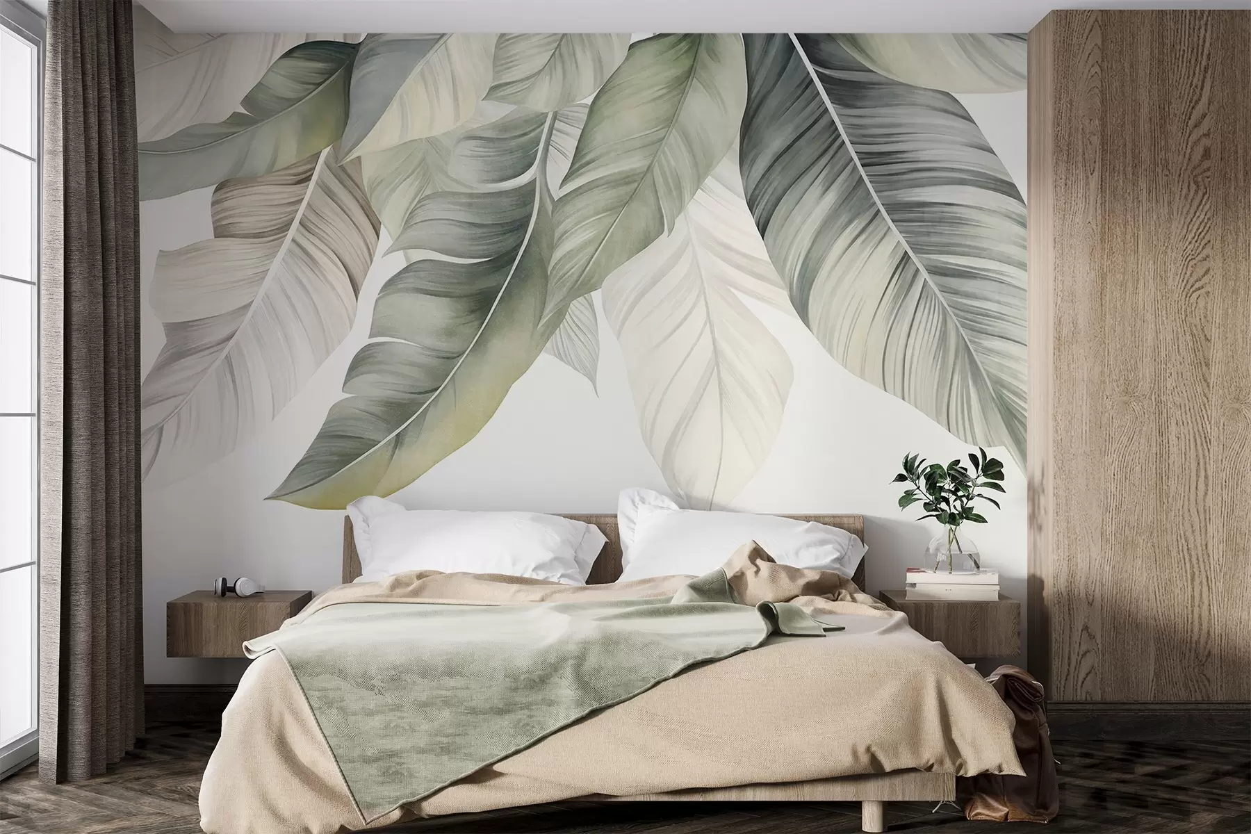 murales de pared Hojas de plátano grandes, de color verde pálido y con nervaduras detalladas; ilustración con textura; fondo claro w09941
