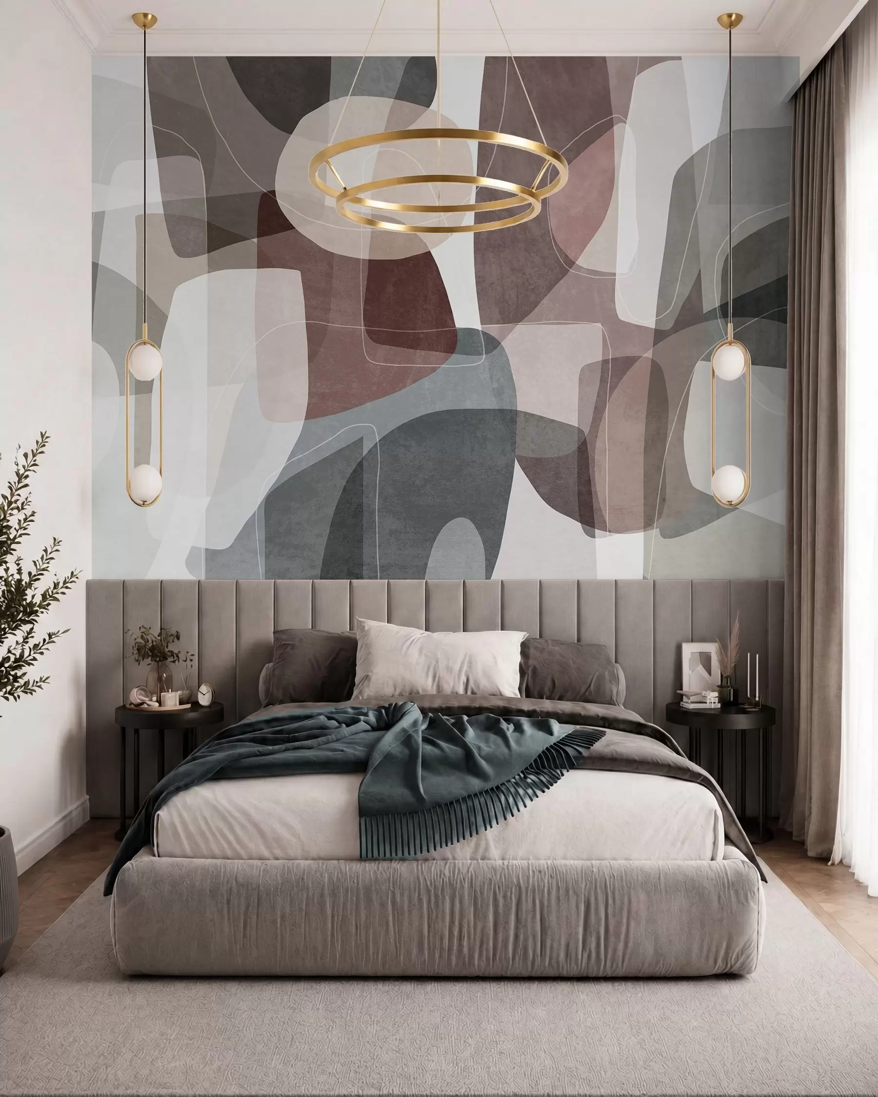 murales de pared Formas abstractas en tonos tierra apagados con finas líneas blancas y texturas superpuestas w09942