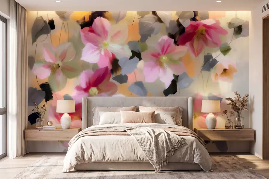 murales de pared Composición luminosa y aireada con flores colgantes en estilo acuarela w09931