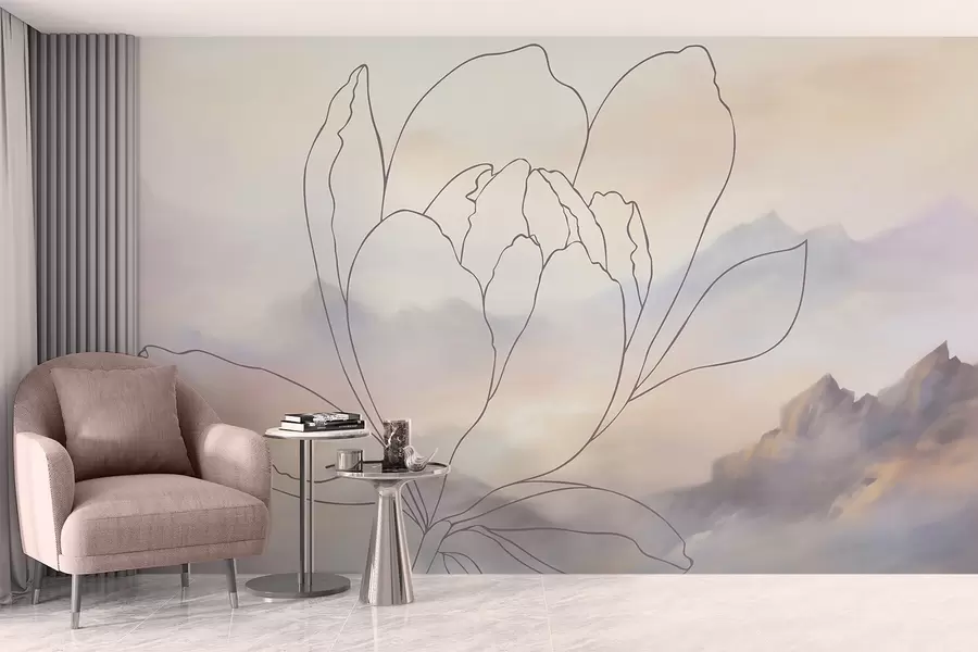 murales de pared Paisaje de montaña con la silueta de una flor w05788