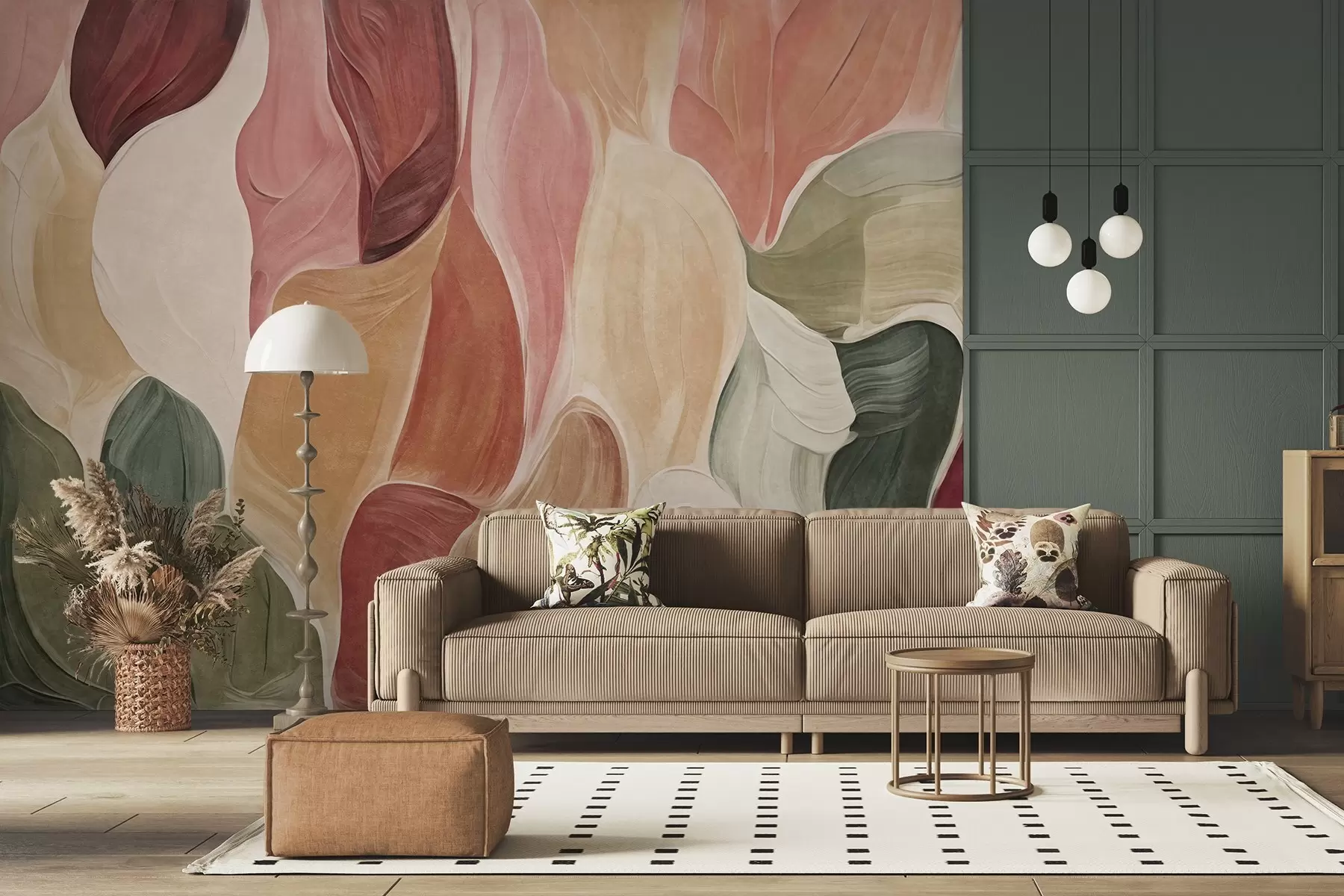 murales de pared Formas abstractas en tonos apagados de rosa, melocotón y verde, con imitación de pinceladas w09908