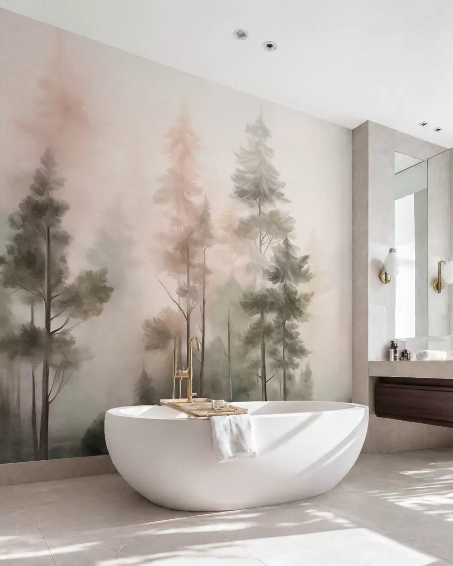 murales de pared Bosque con textura, con altos pinos en tonos verdes y rosas, envuelto en una suave y ligera niebla w09982