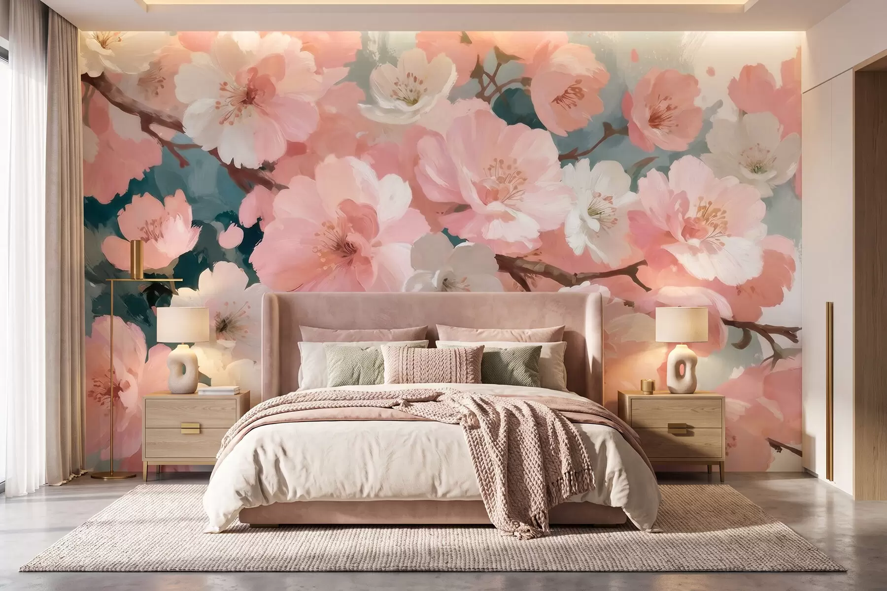 murales de pared Cerezos en flor con flores rosas y blancas, pintados al óleo w09912