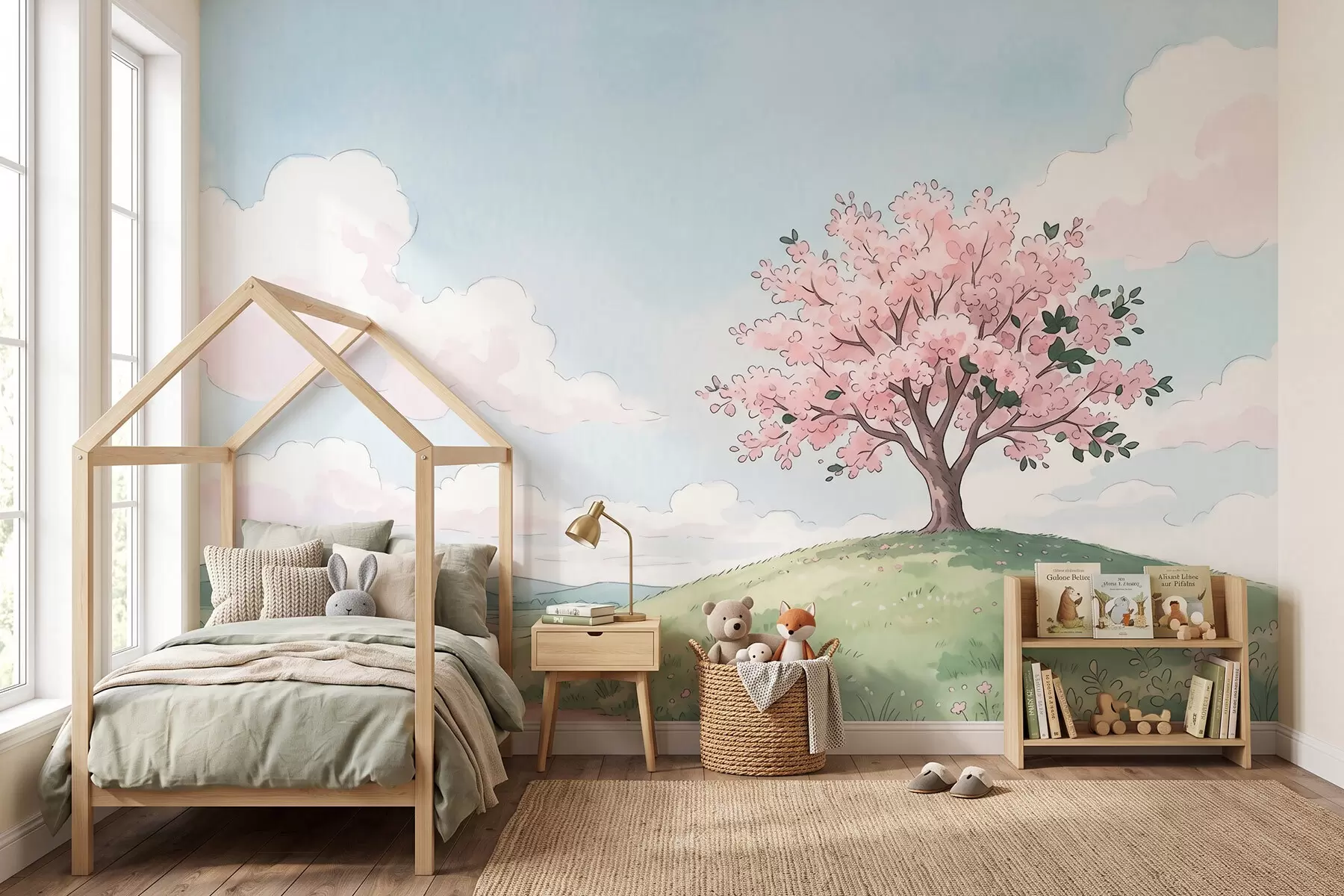 murales de pared Árbol en flor sobre una colina verde con una casita en la lejanía; paisaje al estilo de la acuarela w09954