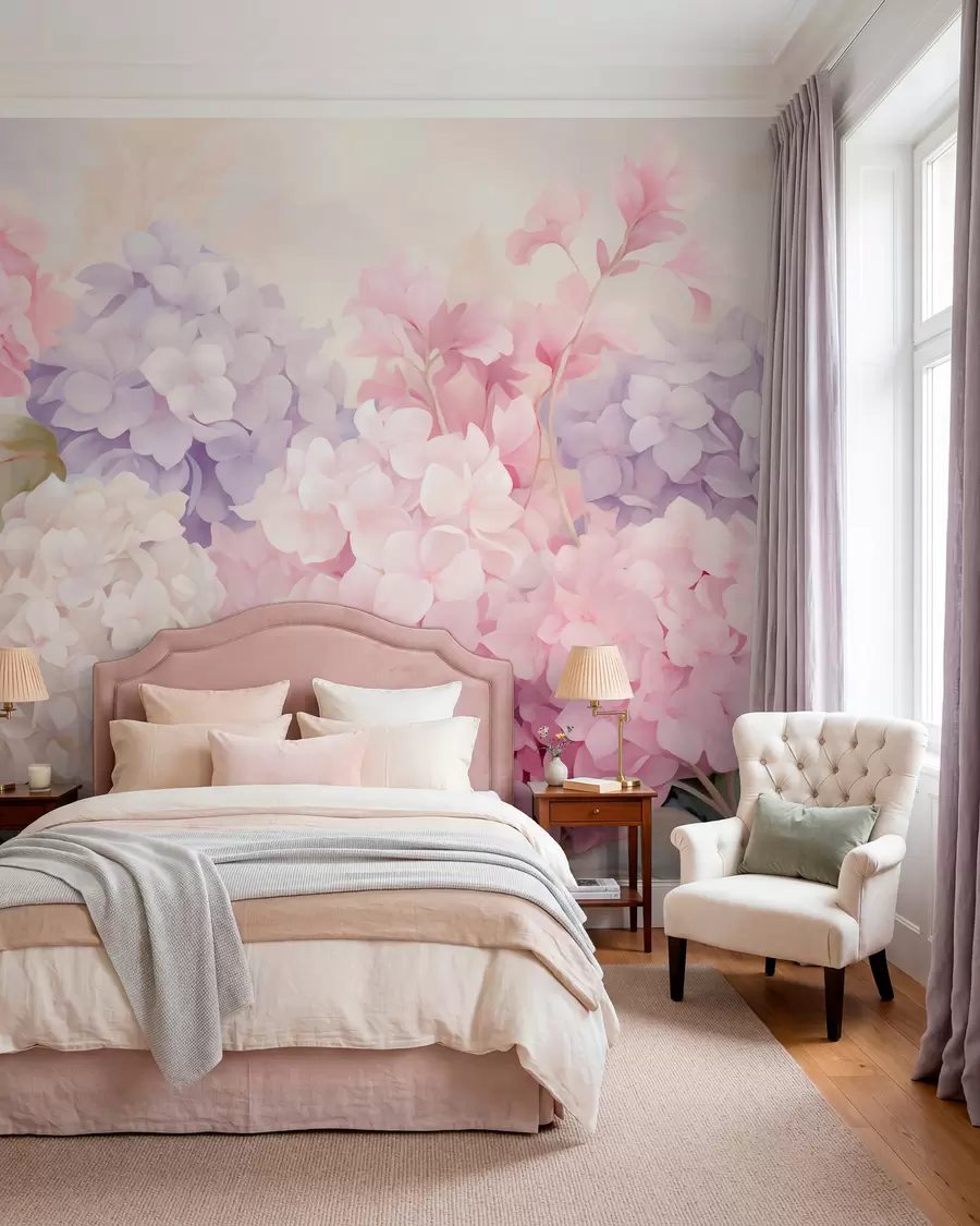 murales de pared Hortensias en tonos pastel w05796