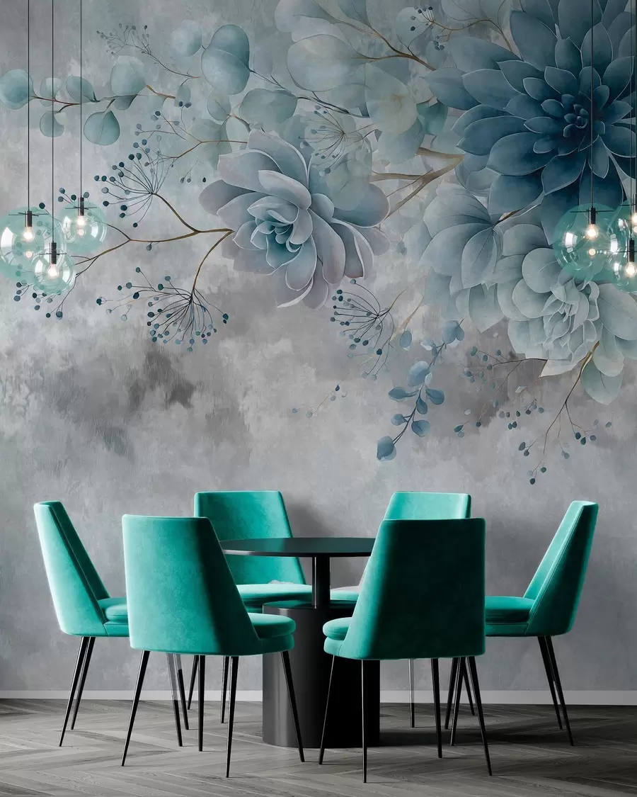 murales de pared Una vista desde arriba de unas flores fantásticas de estilo retro, en tonos azules y turquesa w05753v1