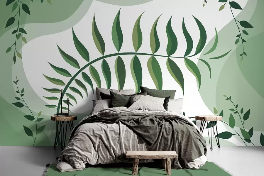 murales de pared Una hoja de helecho curvada en tonos verdes w05756