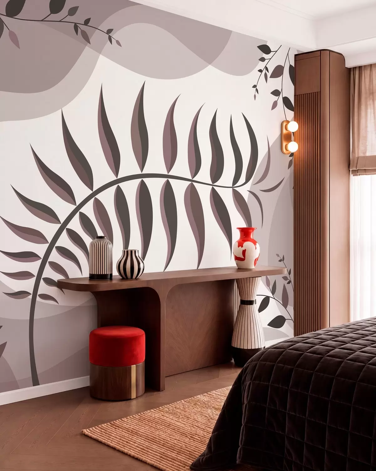 murales de pared Una hoja de helecho curvada en tonos rosa empolvado w05756v1