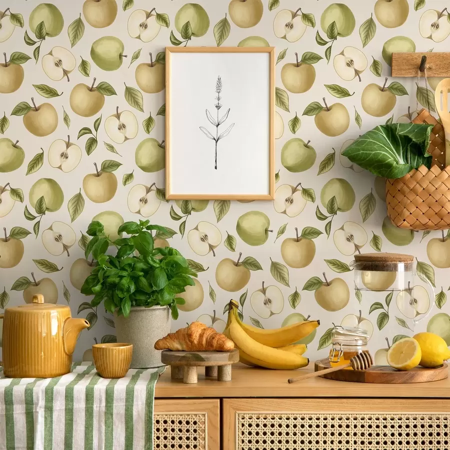 murales de pared Manzanas verdes y hojas sobre un fondo claro a01236