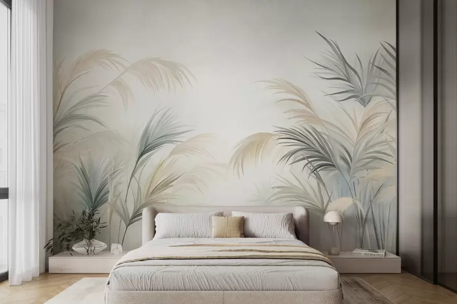 murales de pared Plantas altas en tonos apagados de beige, verde y gris sobre un fondo de textura suave w09984