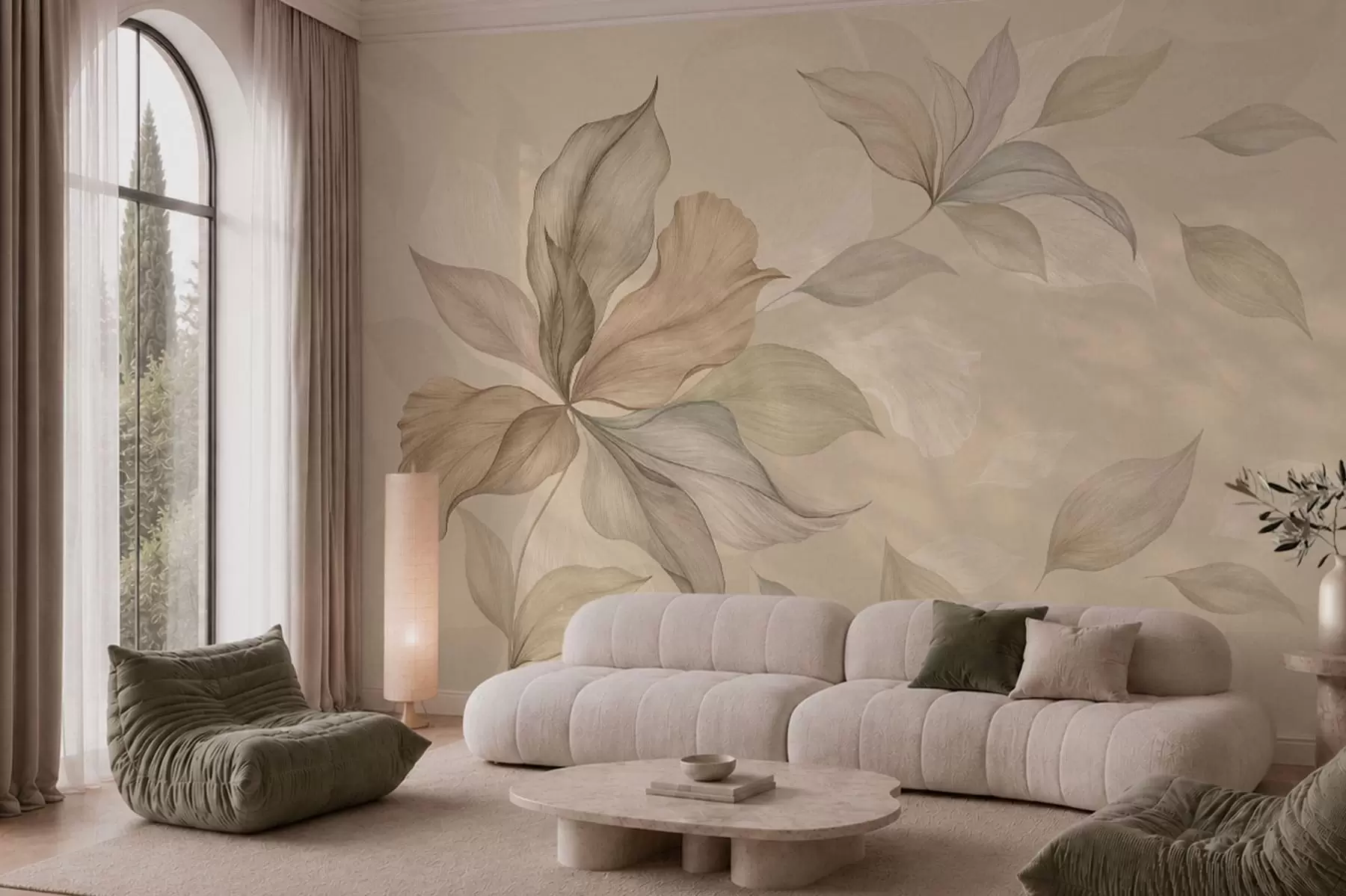 murales de pared Hojas decorativas grandes sobre un fondo cálido w05733