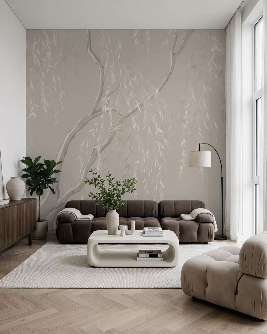 murales de pared Ramas claras con hojas blancas sobre un fondo cálido w05812v2