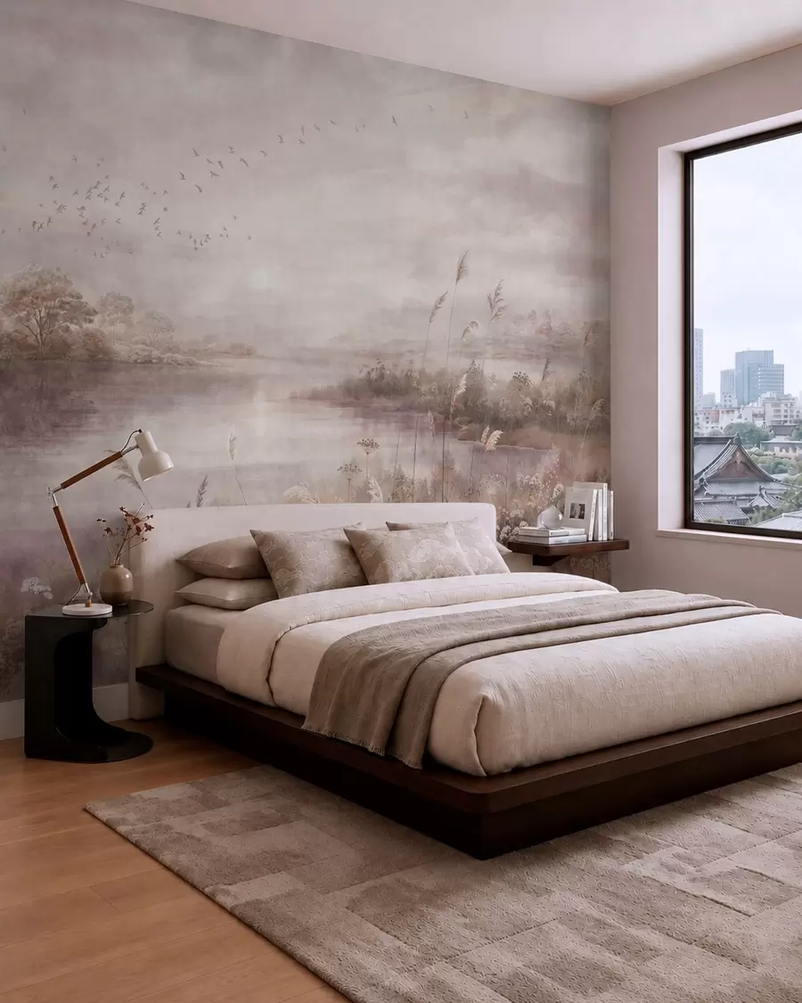 murales de pared Lago tranquilo en suaves tonos lila w05813v2