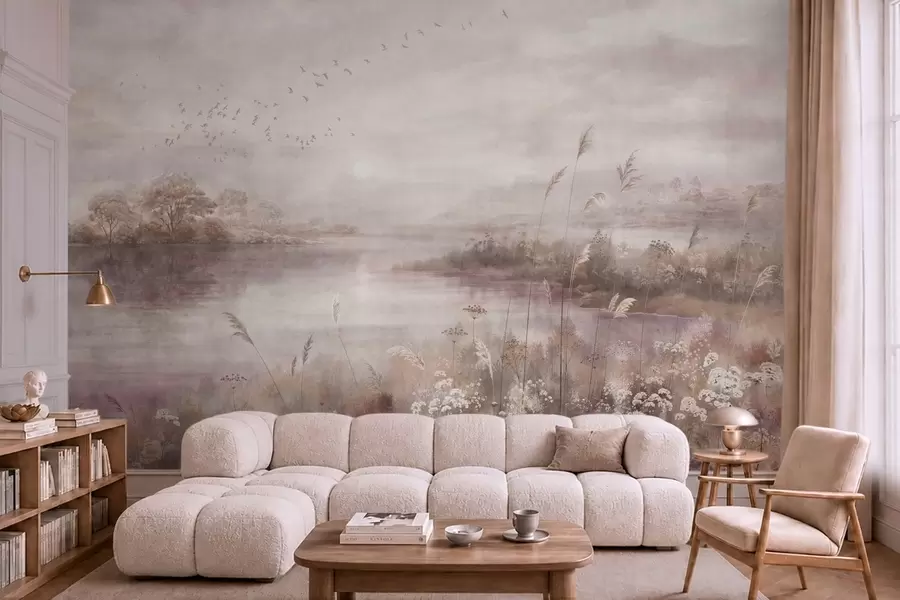 murales de pared Lago tranquilo en suaves tonos lila w05813v2