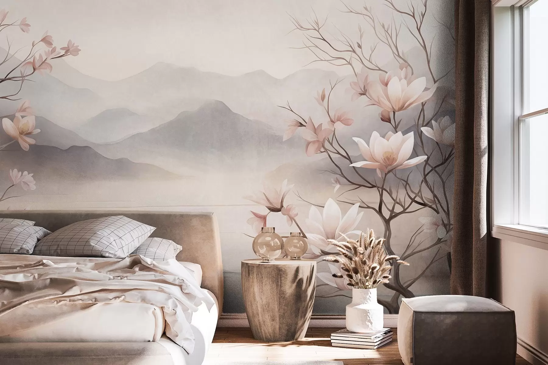 murales de pared Montañas y ramas de magnolia en flor de color rosa, paisaje con textura w10013