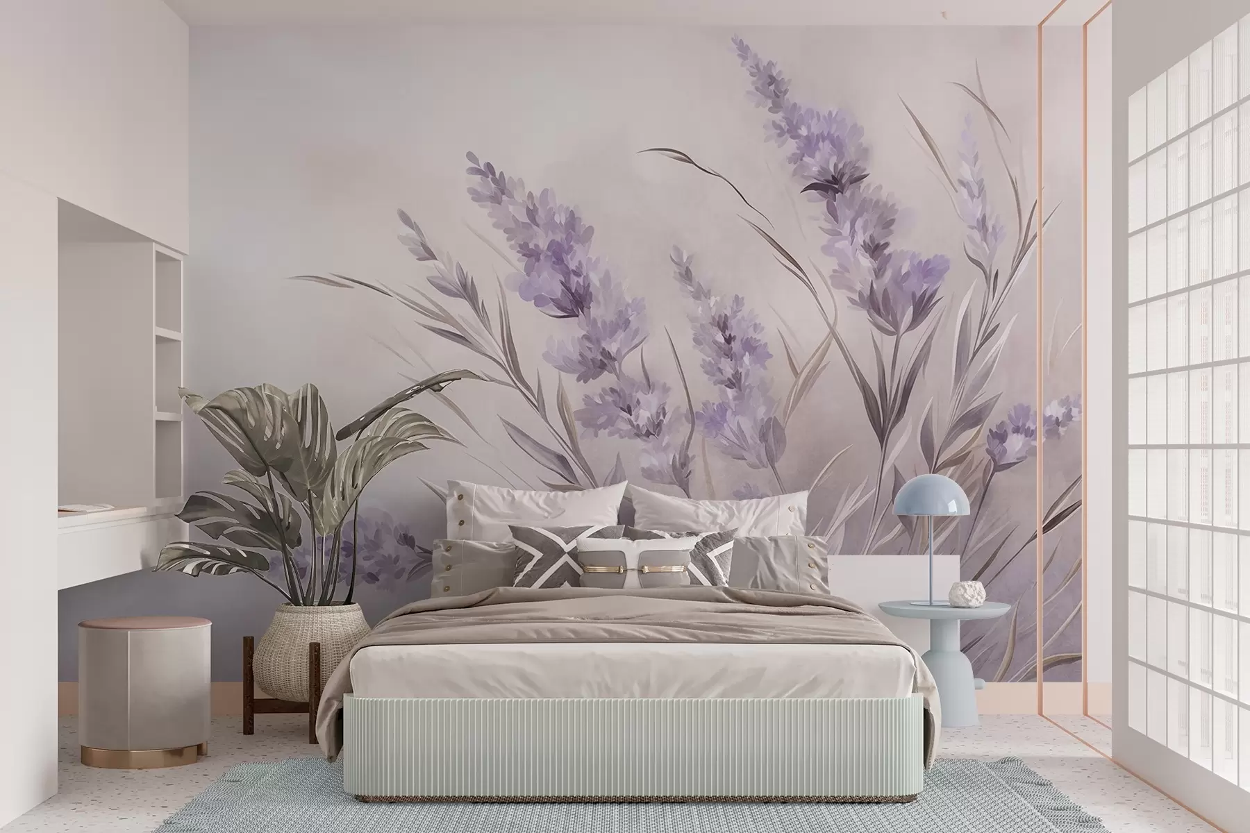 murales de pared Flores de lavanda con tallos y hojas largos, obra de arte con una textura suave en tonos pastel w10018