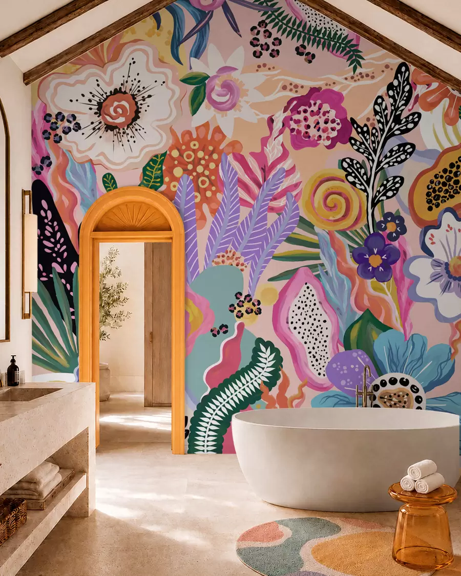 murales de pared Motivo tropical muy llamativo con flores, hojas y frutas de colores vivos w05815