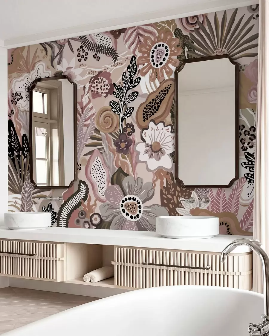 murales de pared Motivo tropical en tonos empolvados con flores, hojas y tonos suaves y apagados w05815v1