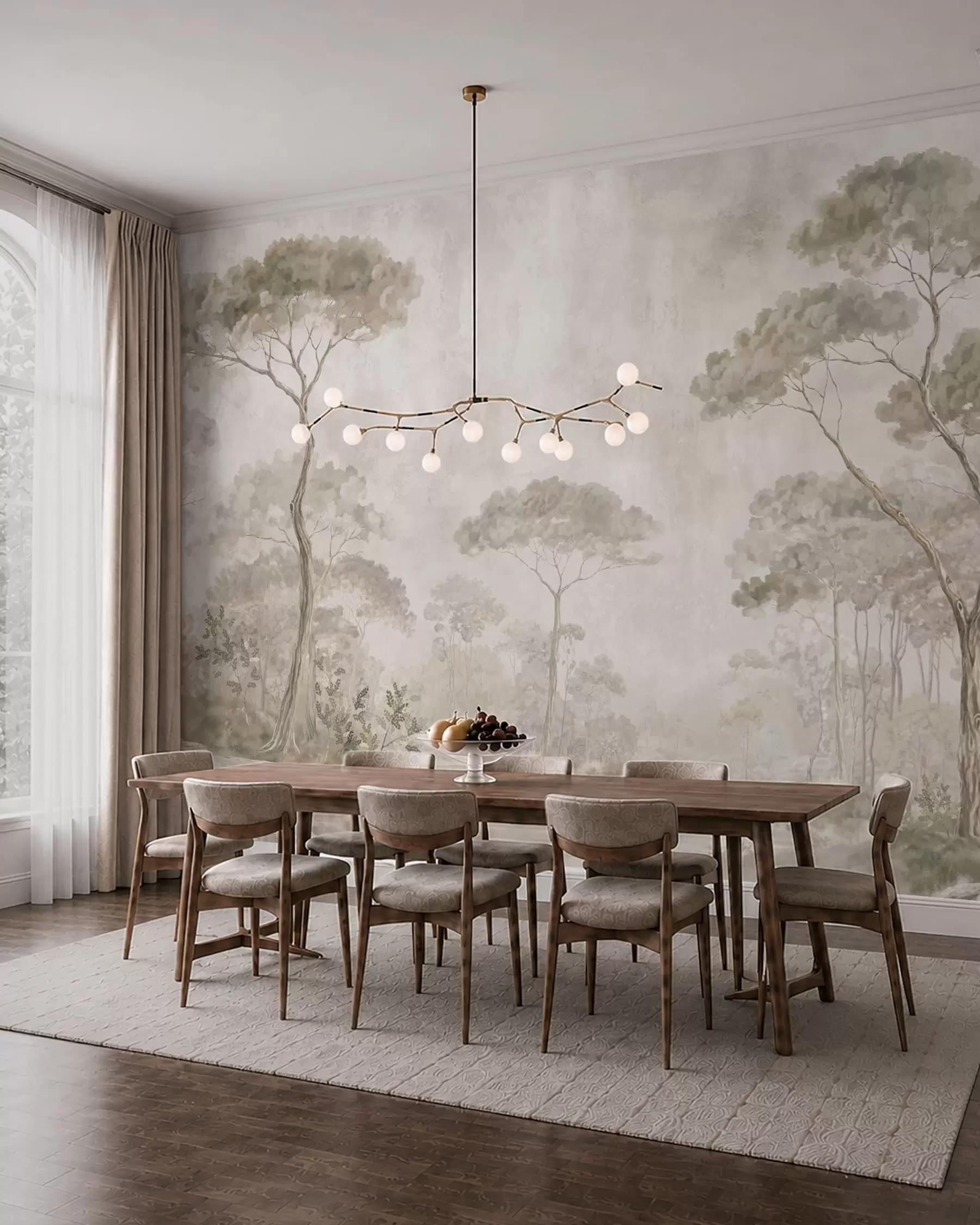 murales de pared Un bosque brumoso junto a unas aguas tranquilas, en suaves tonos pastel naturales w05817