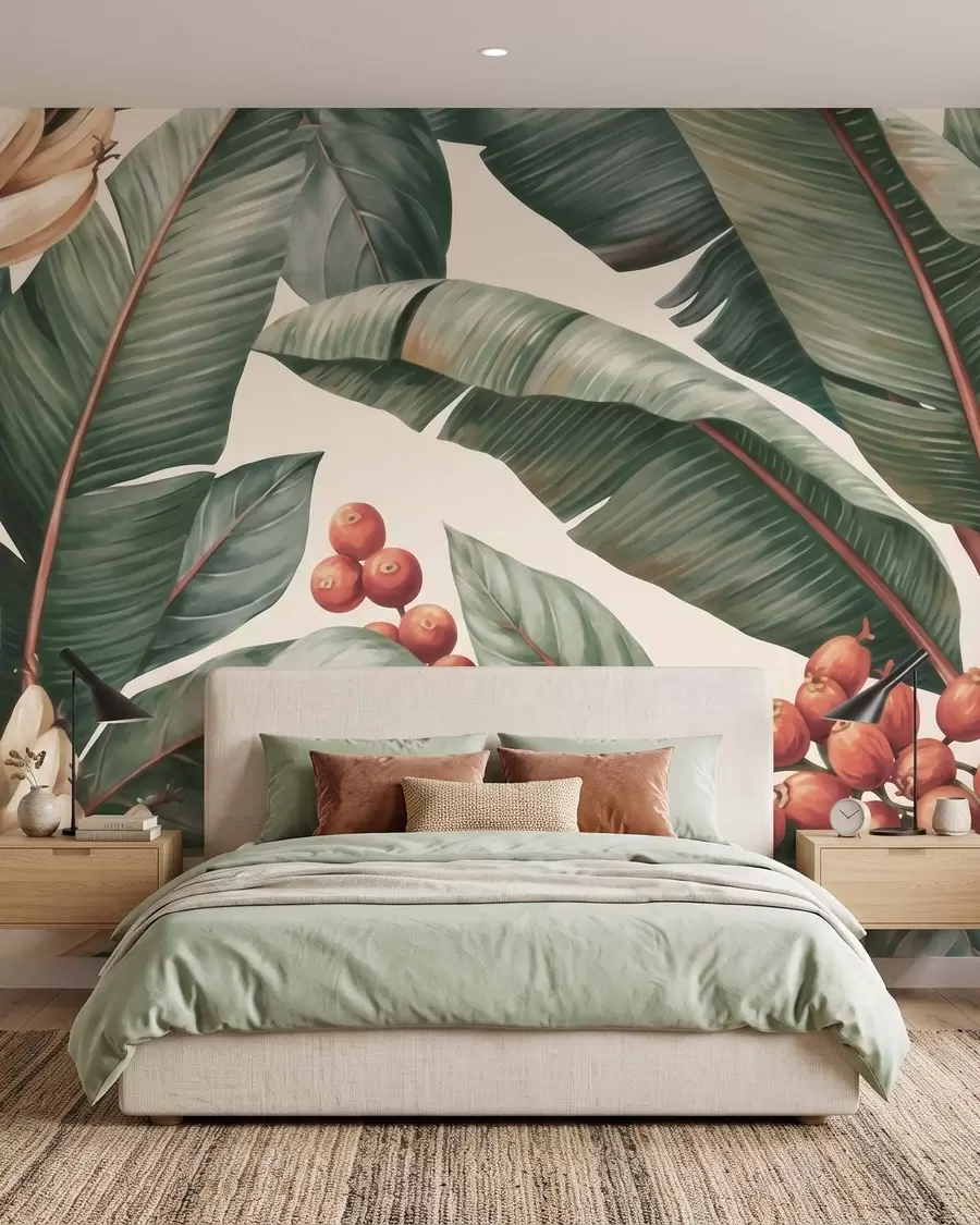 murales de pared Hojas de plátano tropicales con racimos de bayas de café rojas, estilo acuarela w09997