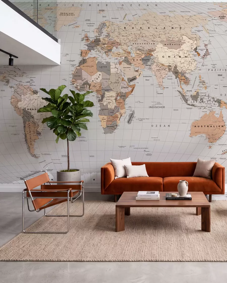murales de pared Un mapa político del mundo en tonos beige con banderas en alemán c00016dev1