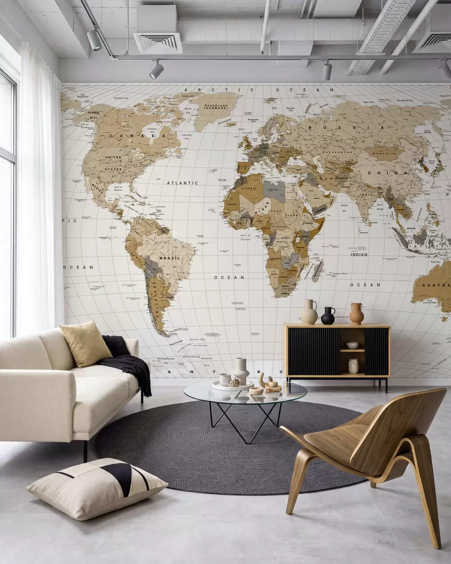 murales de pared Un mapa político del mundo en color marrón con banderas en inglés c00016en