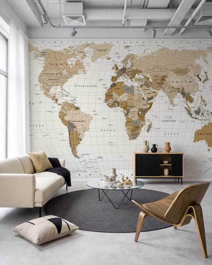 murales de pared Un mapa político del mundo en tonos marrones con banderas en ucraniano c00016uk