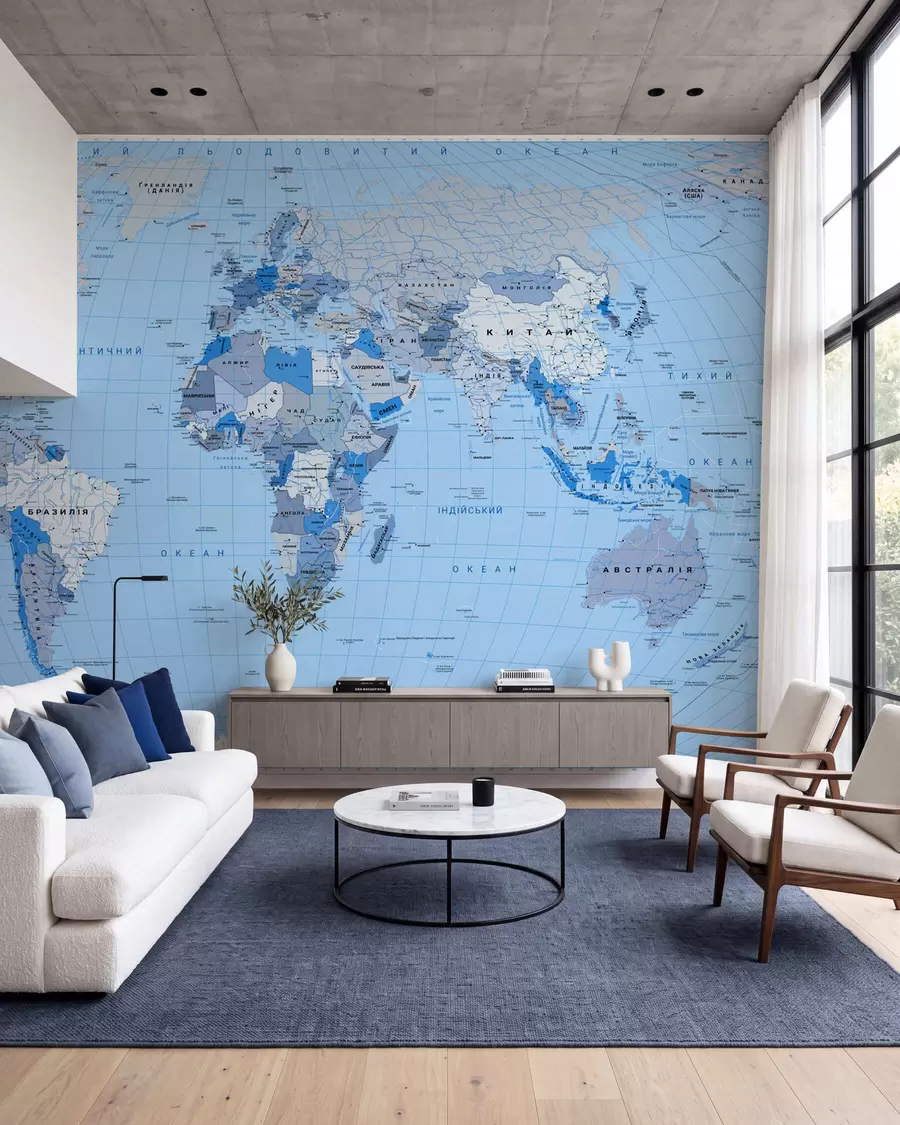 murales de pared Mapa político del mundo en azul con banderas, en ucraniano c00016ukv2