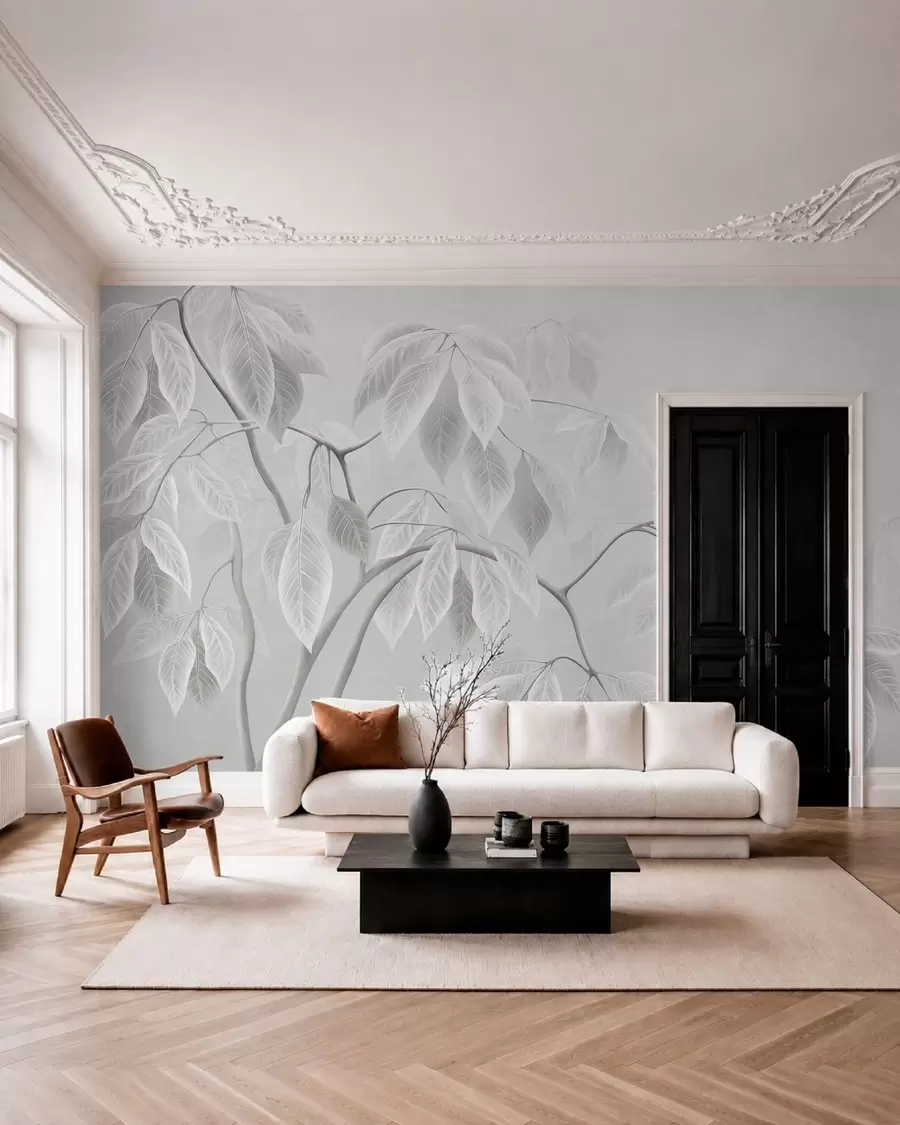 murales de pared Ramas claras con hojas grandes sobre un fondo suave w05806