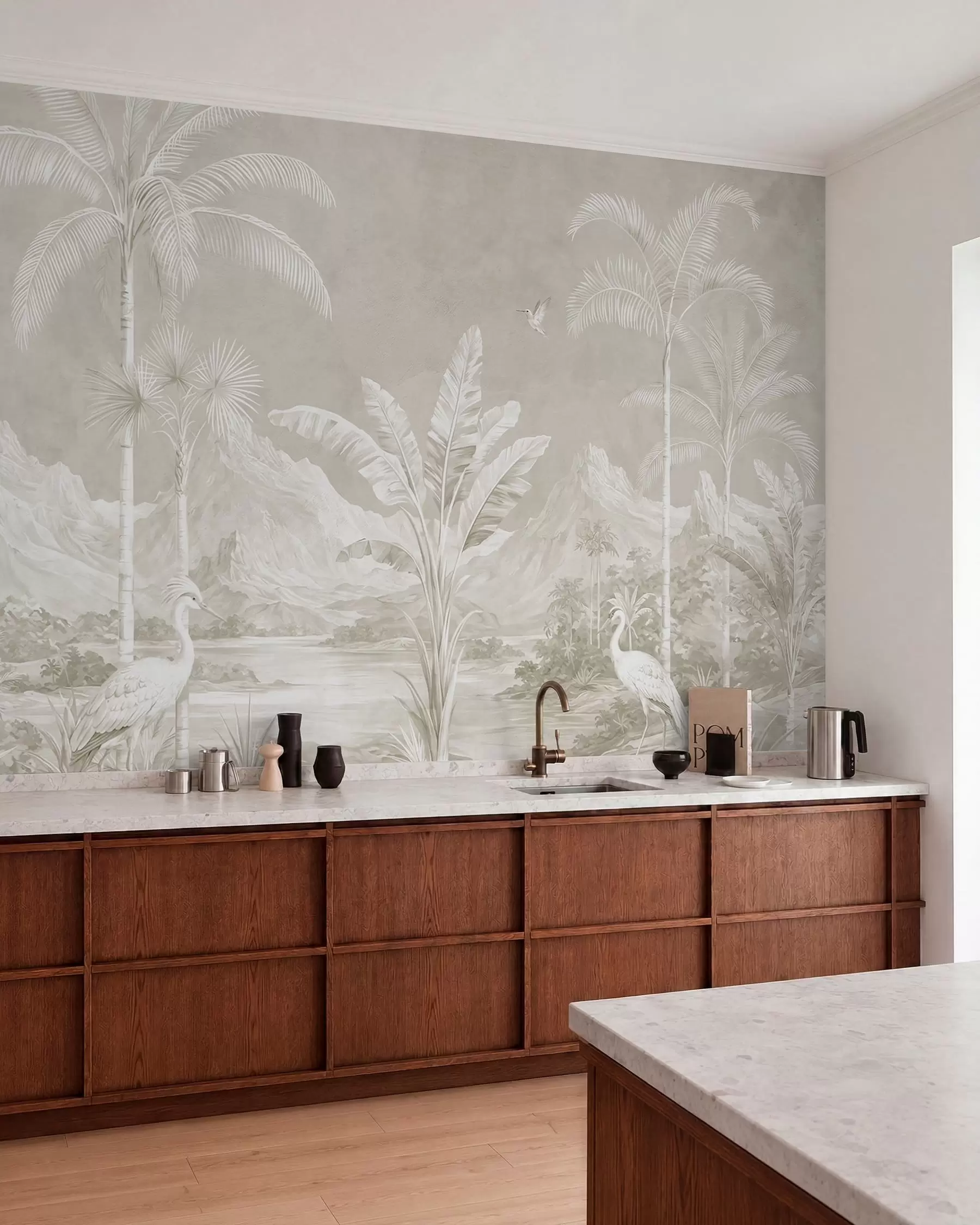 murales de pared Paisaje tropical luminoso con palmeras, pájaros y montañas w05819v1