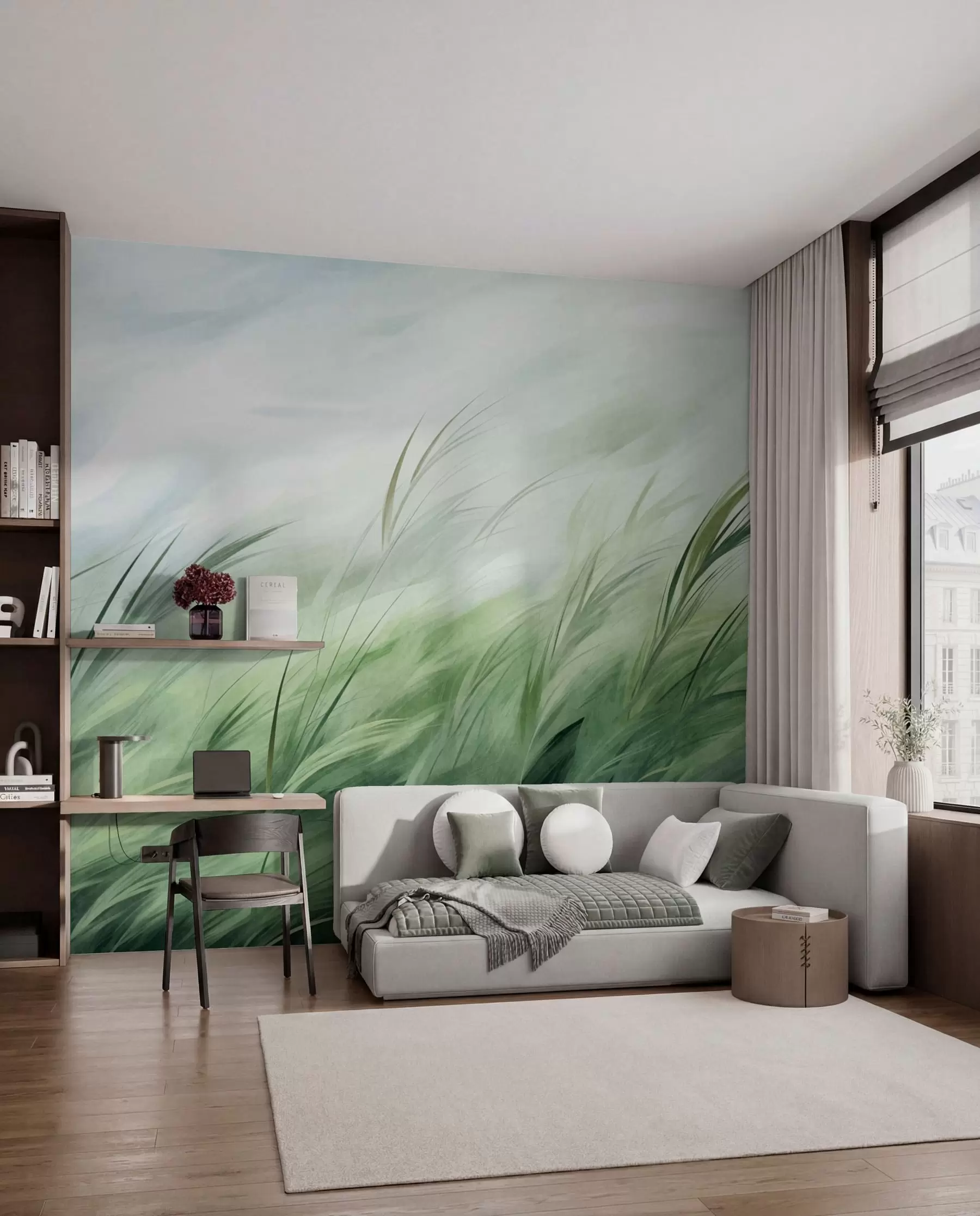 murales de pared Verde salvia con delicadas hierbas que se mecen suavemente con la brisa tranquila w05853