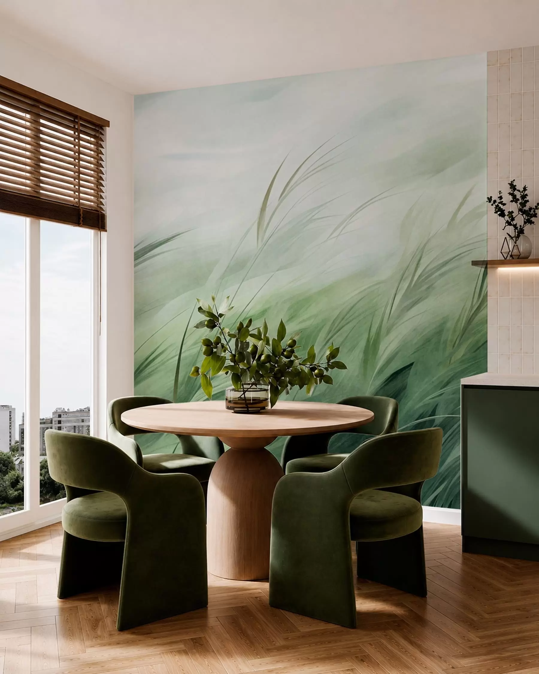 murales de pared Verde salvia con delicadas hierbas que se mecen suavemente con la brisa tranquila w05853