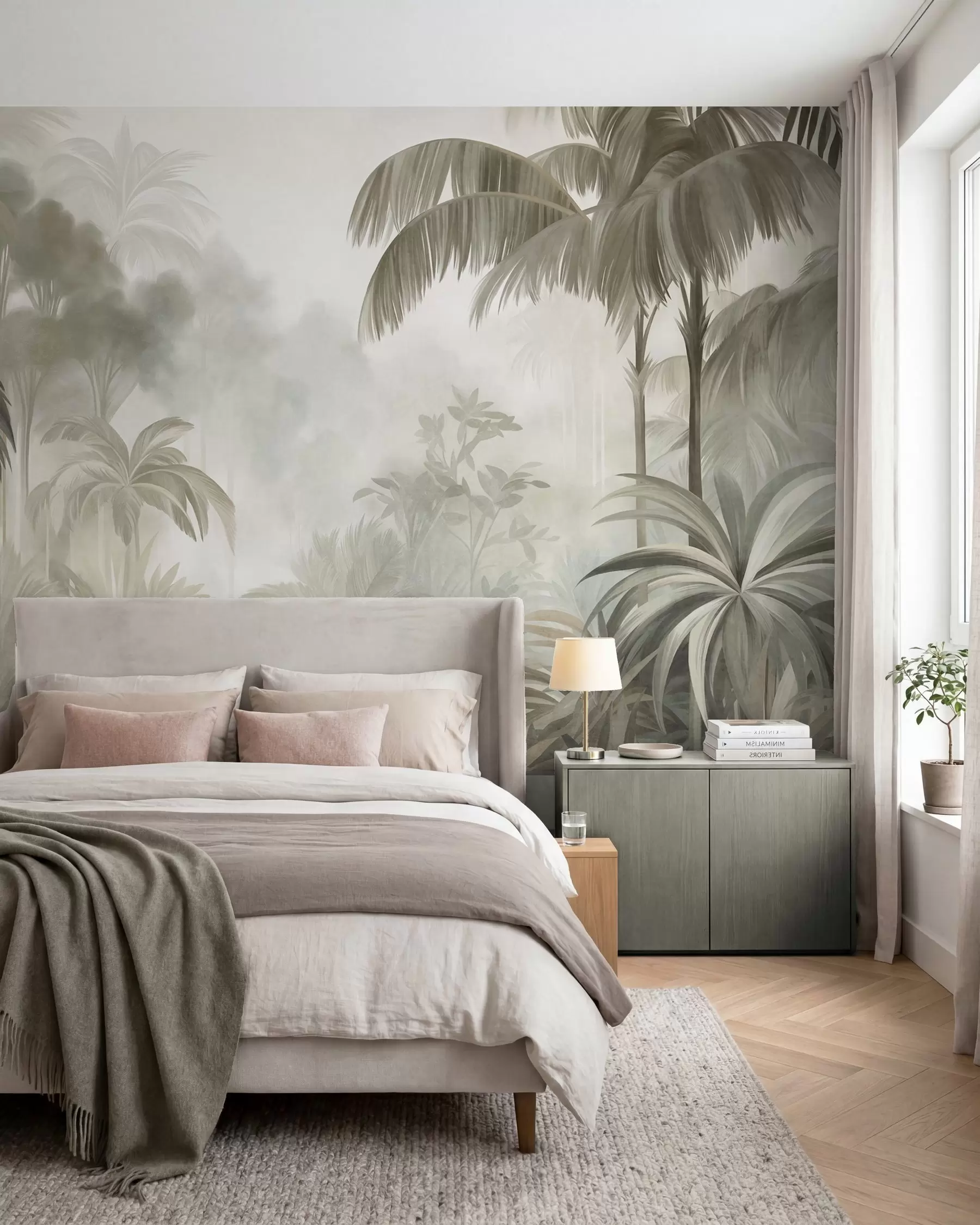 murales de pared Paisaje selvático con textura, con palmeras y una exuberante vegetación, en un estilo suave y pictórico w10016