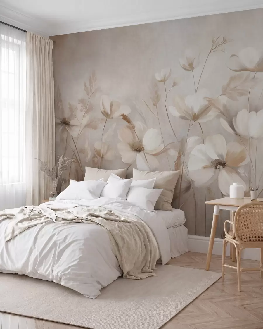murales de pared Un campo de flores de colores claros y hierbas altas en tonos apagados, obra de arte con textura w10019