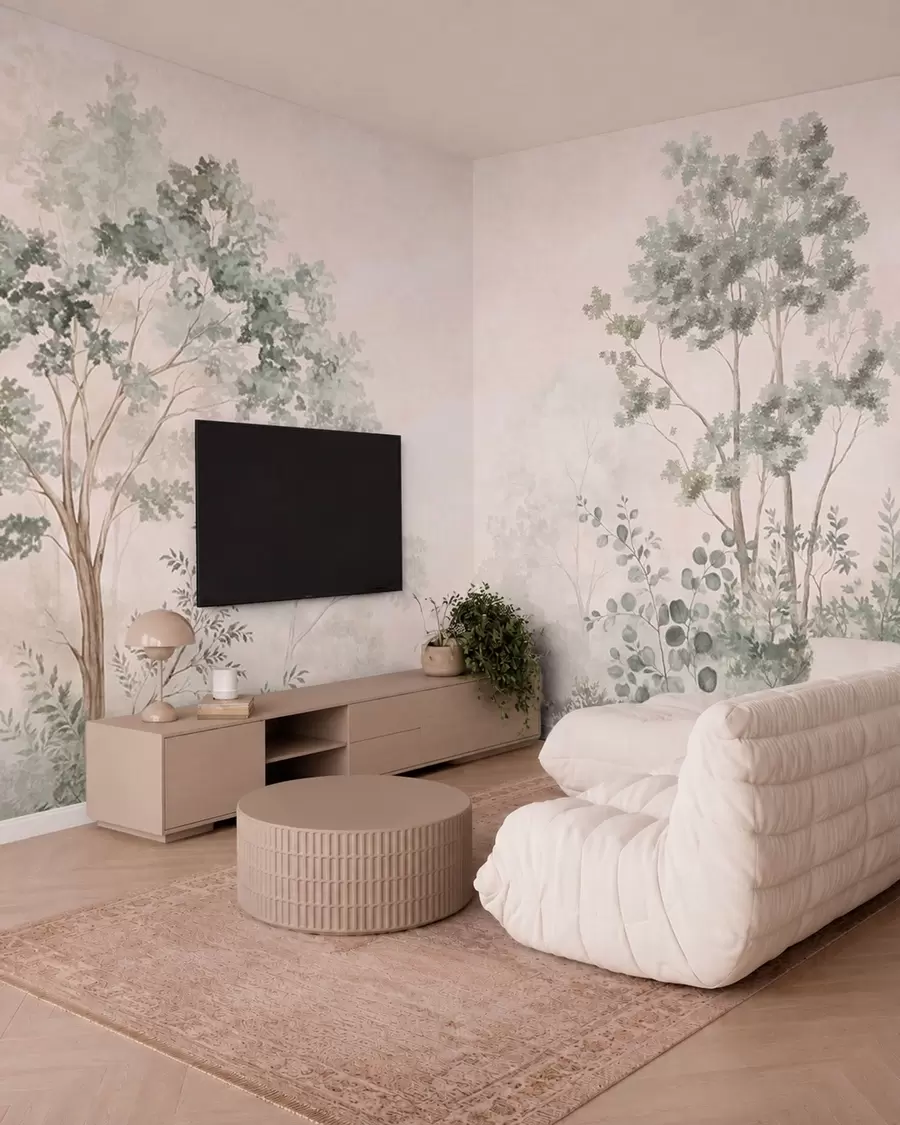 murales de pared Árboles y arbustos del bosque en tonos pastel difuminados w05856