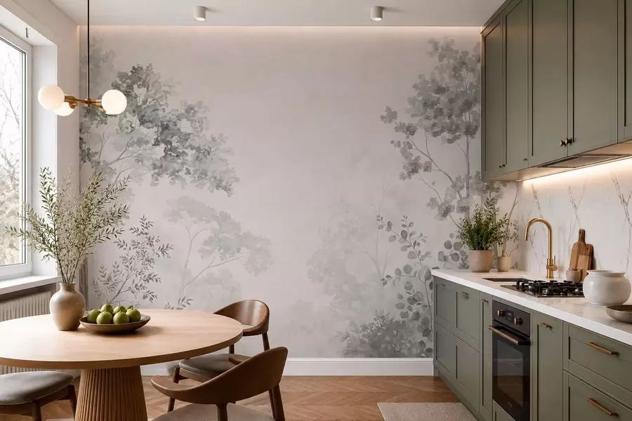 murales de pared Árboles del bosque y vegetación sobre un fondo con una ligera bruma w05856v1